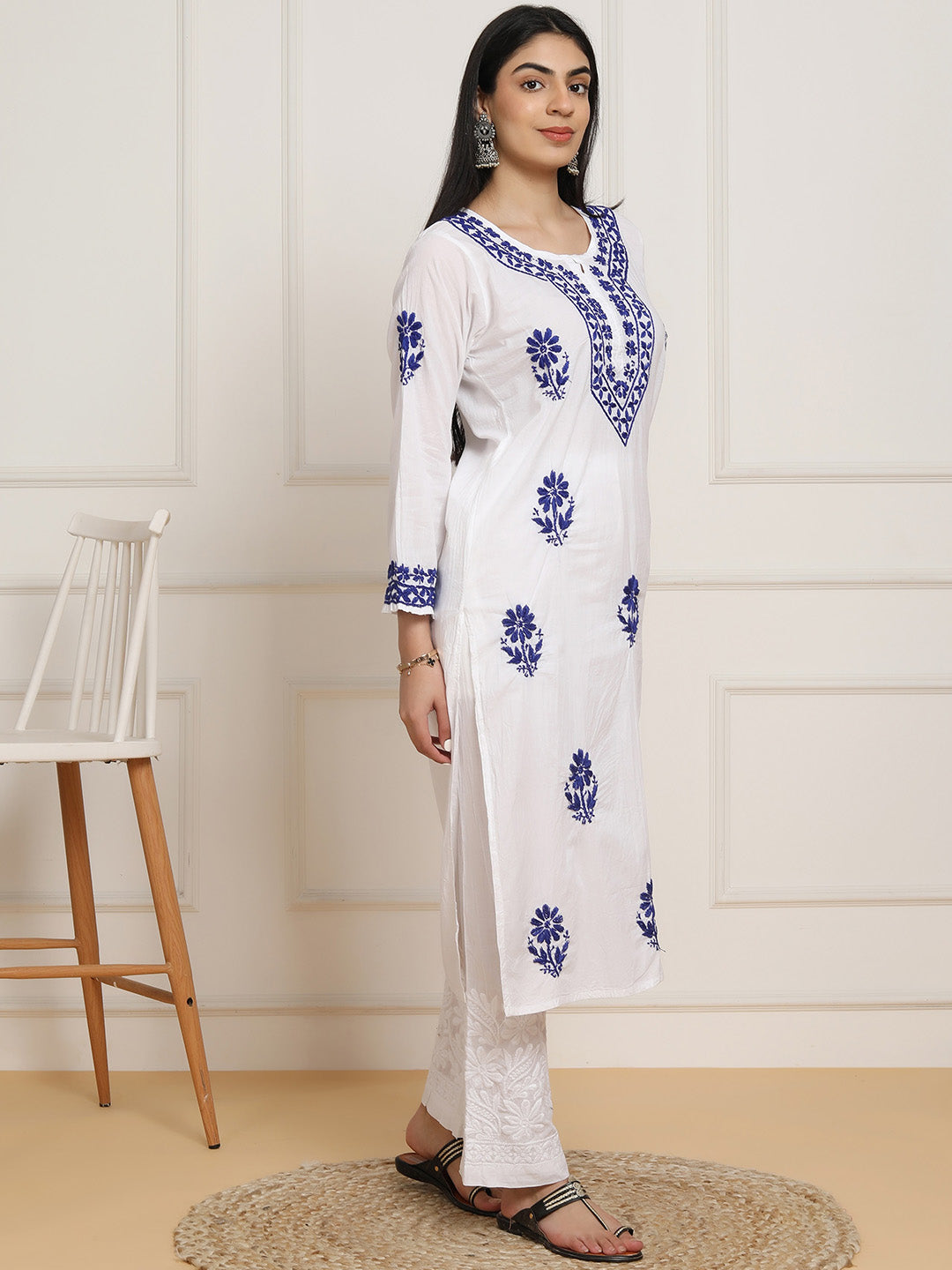 HOUSE OF KARI Women Ethnic Motifs Embroidered Regular Chikankari Pure Cotton Kurta with Trousers | Grocsy