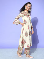 All About You Cream-Coloured Floral Printed Pure Cotton Kurta With Trousers | Grocsy