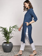 Sangria Women Navy Blue Printed Straight Kurta | Grocsy