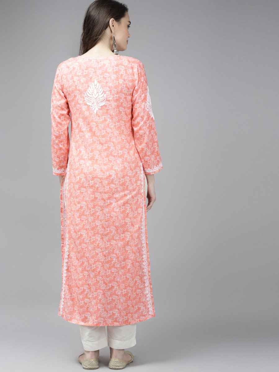 ADA Women Peach-Coloured & White Ethnic Motifs Chikankari Cotton Handloom Kurta | Grocsy
