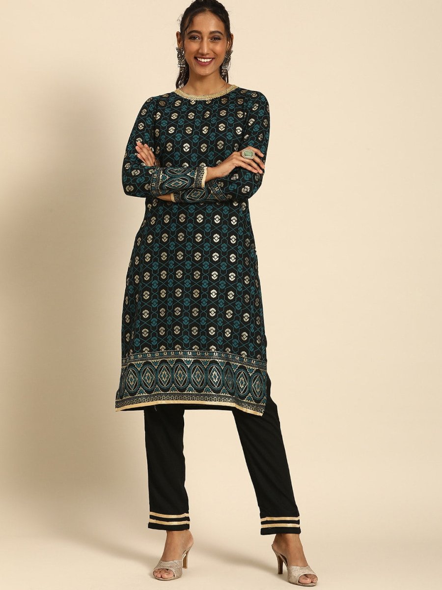 All About You Women Black & Gold-Toned Floral Printed Regular Kurta with Trousers | Grocsy