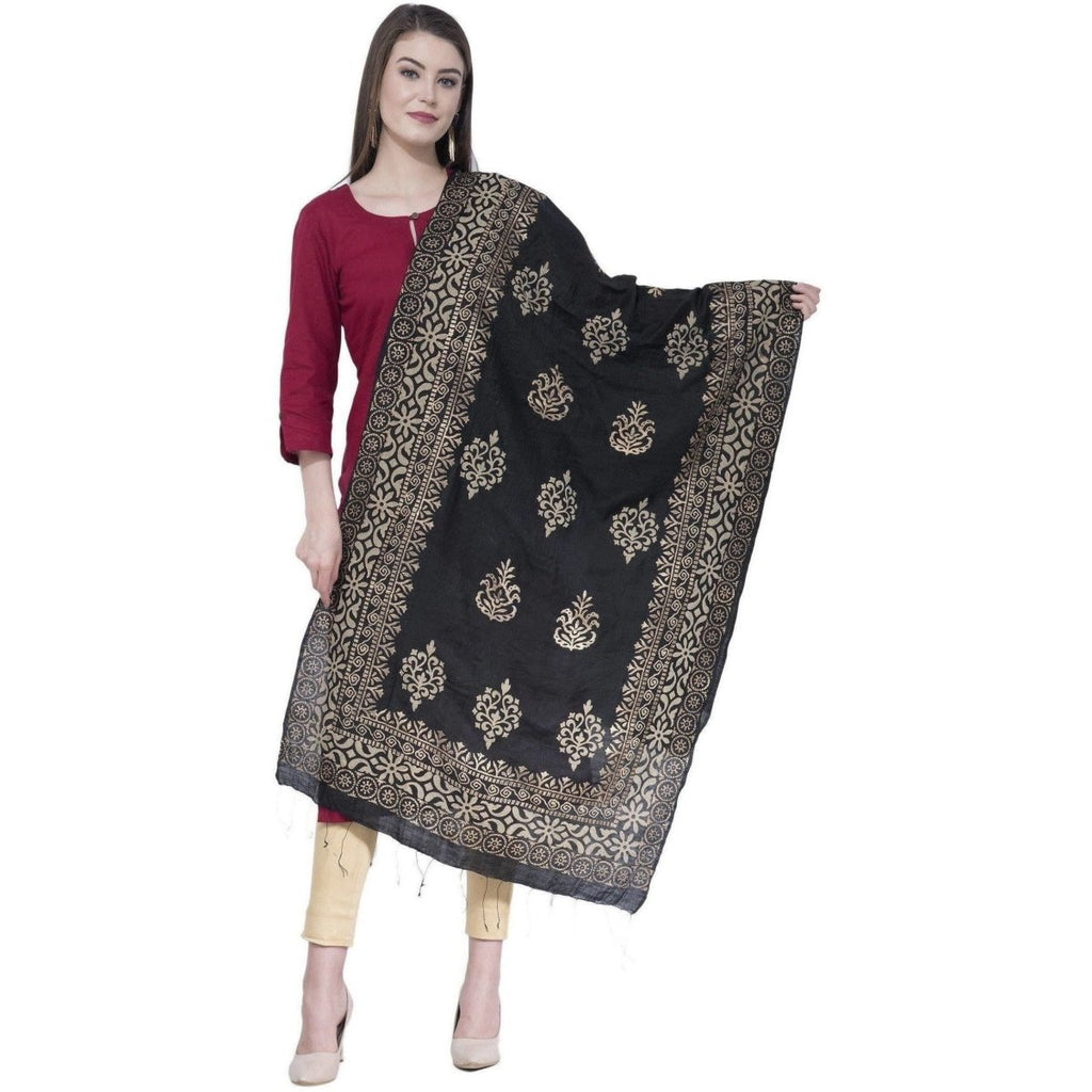 A R Silk Black Color Chanderi Gold Print Dupattas and Chunnis | Grocsy