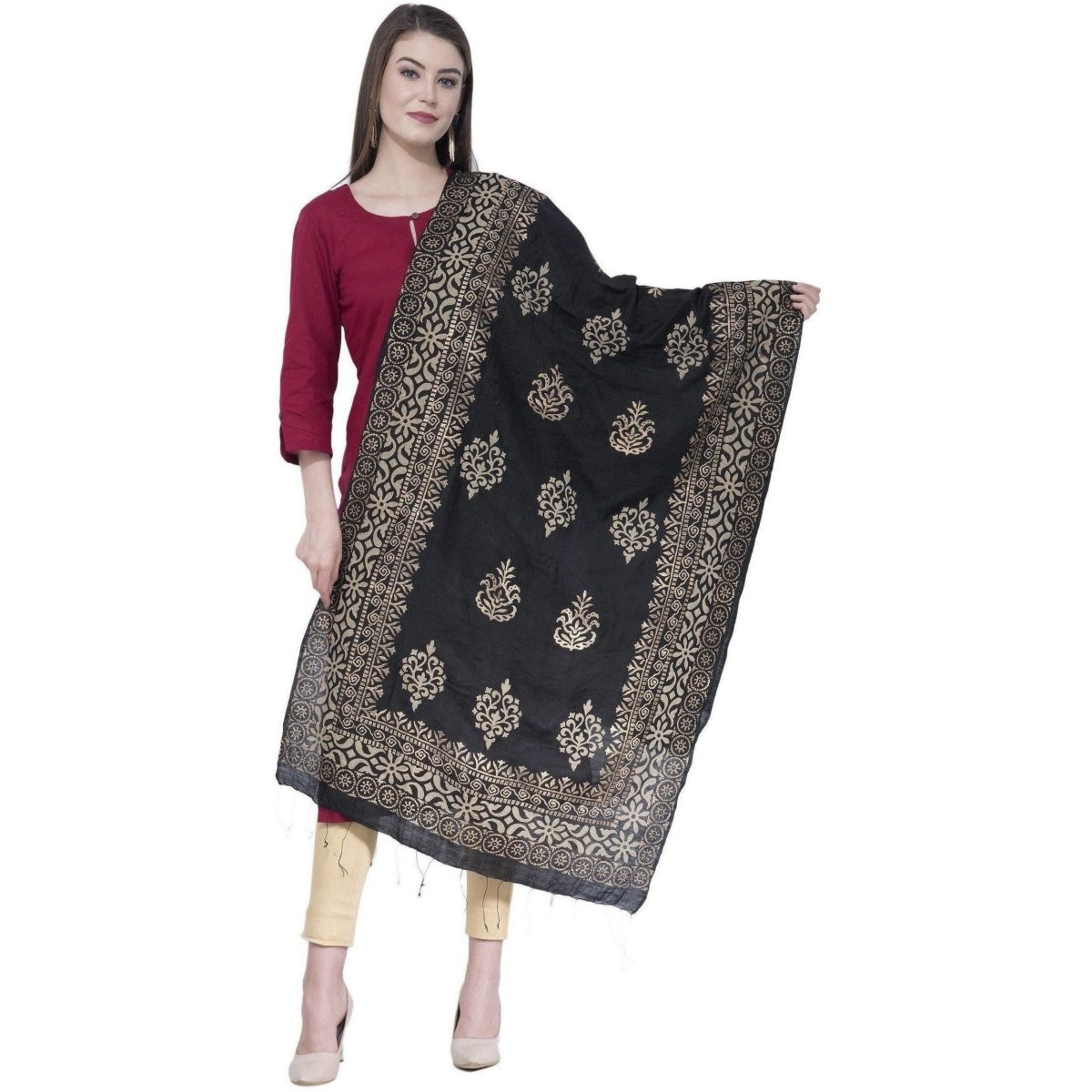 A R Silk Black Color Chanderi Gold Print Dupattas and Chunnis | Grocsy