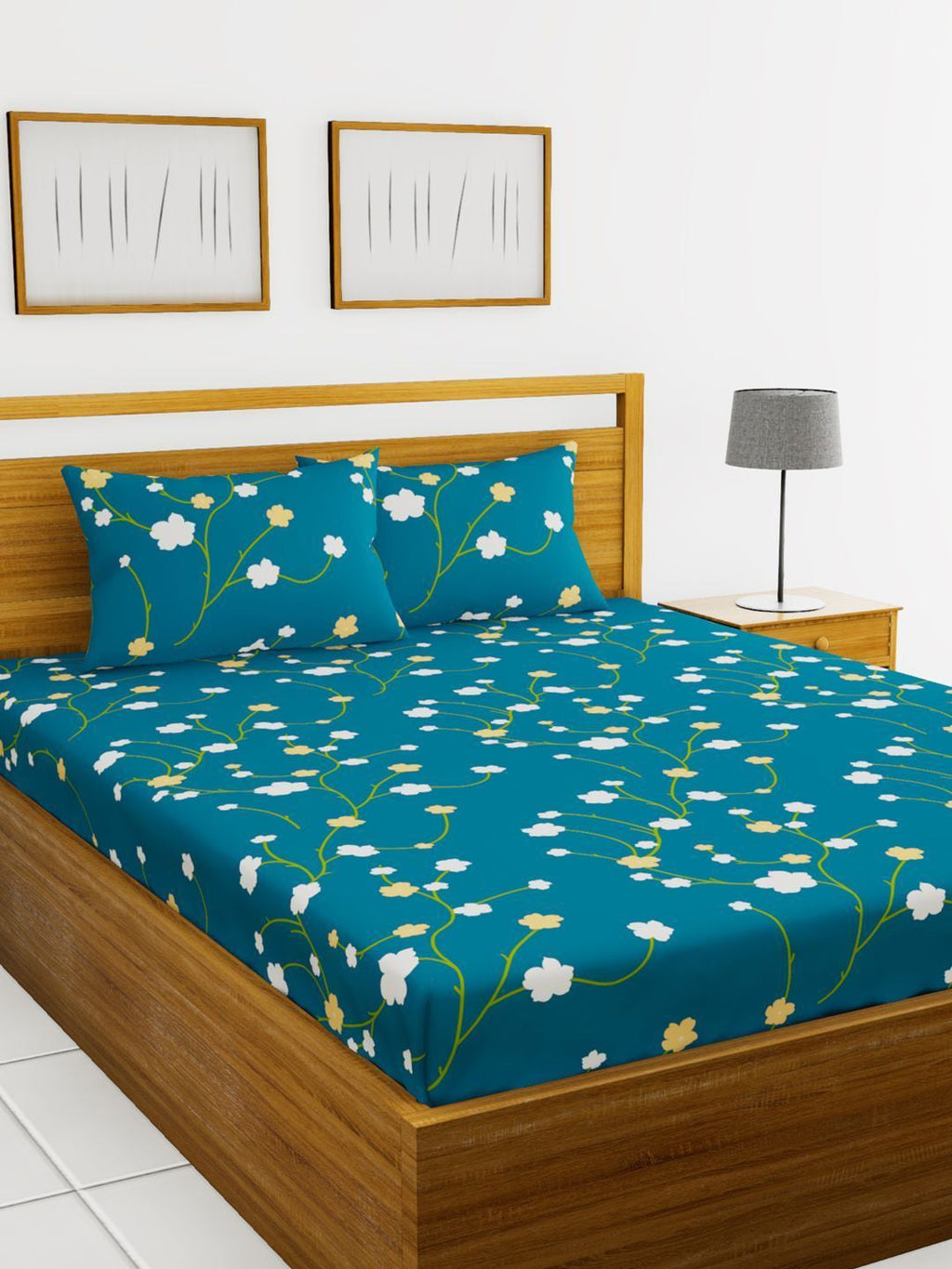 BIANCA Blue & Green Floral Printed 152 TC Cotton 110 GSM Micro-Peached King Bedsheet With 2 Pillow Cover | Grocsy