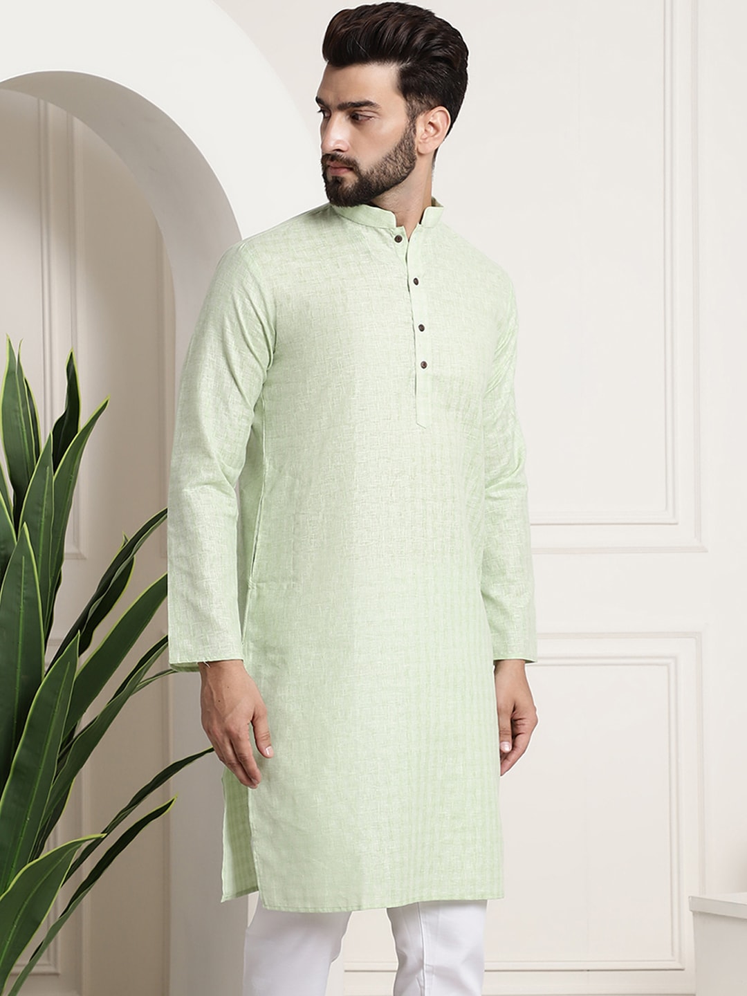 Sojanya Men Green Dobby Checked Straight Kurta | Grocsy