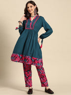 Sangria Women Floral Printed Gathered A-Line Kurta with Trousers | Grocsy