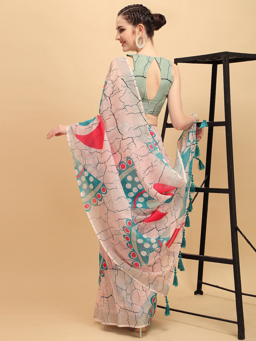 Sangria Abstract Printed Embellished Pure Linen Saree | Grocsy