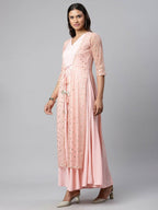 Ahalyaa Women Pink Crepe & Net Foil Print Dress | Grocsy