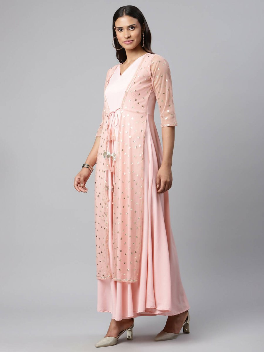 Ahalyaa Women Pink Crepe & Net Foil Print Dress | Grocsy
