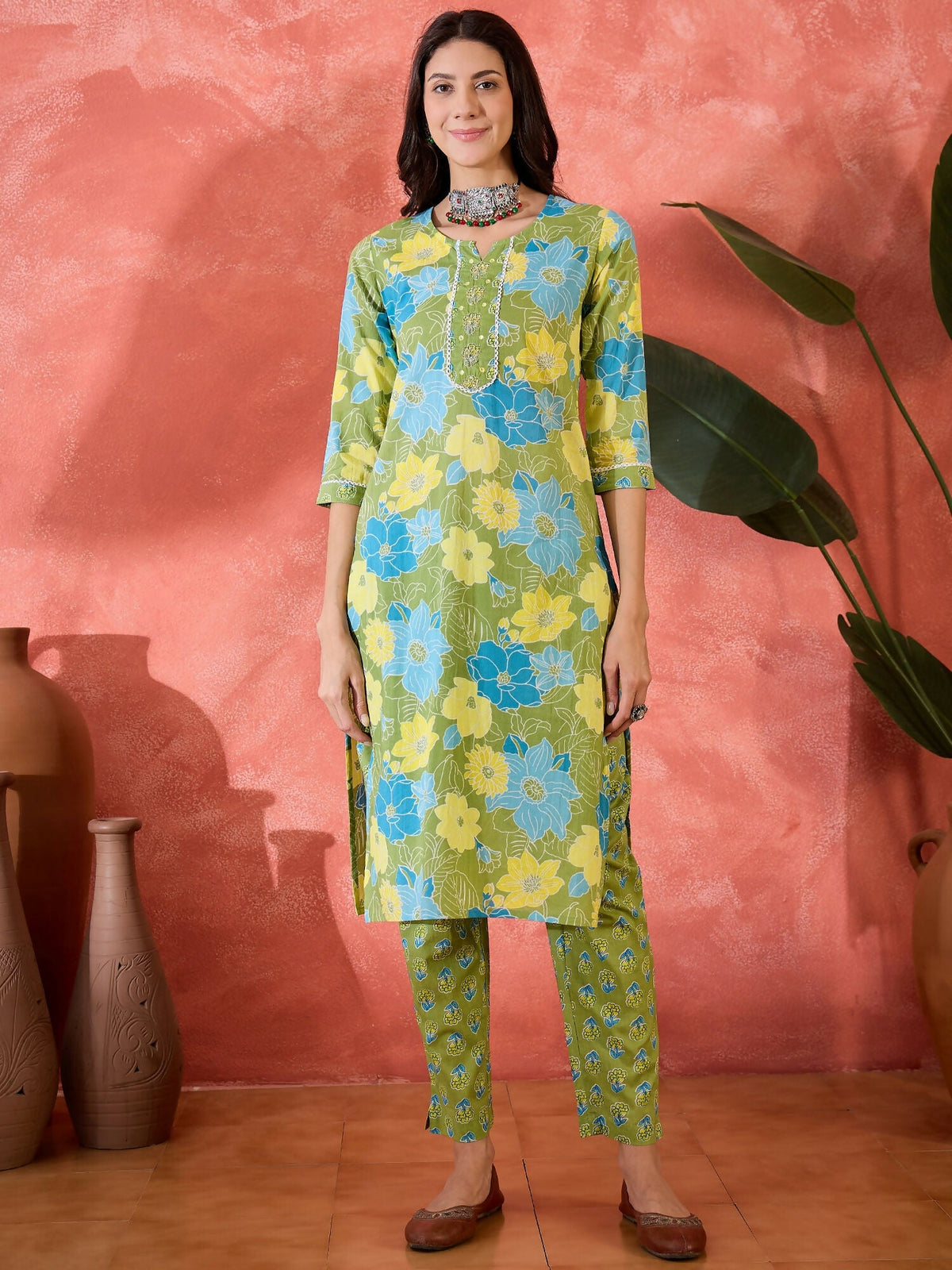 Joban Fashion Printed Green Pure Cotton Kurta Set | Grocsy
