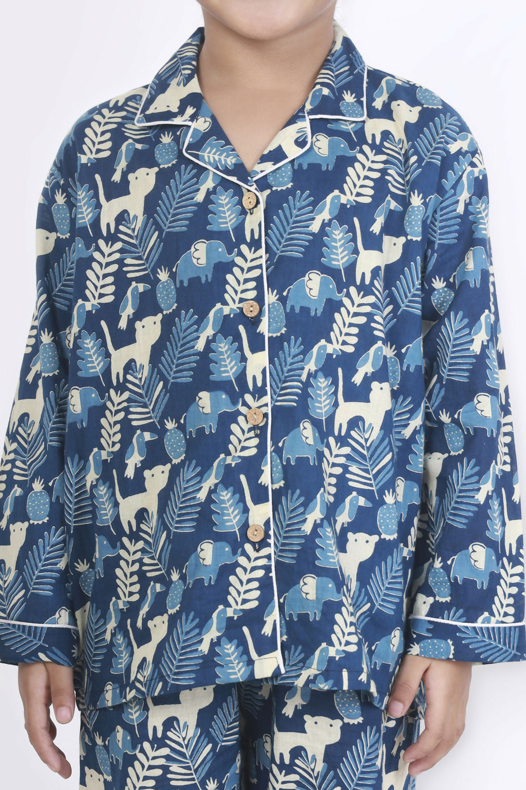 Breathables Kids Cotton Night Suit – Blue Jungle Print Shirt & Pyjama Co-Ord Set For Boys & Girls | Grocsy