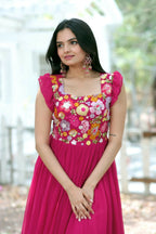 Jyoti Fashion Women's Rani Pink Sequins Thread Embroidery Faux Blooming Anarkali Dress | Grocsy