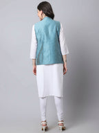 Even Apparels Blue Bansari Silk Open Front Gillet | Grocsy