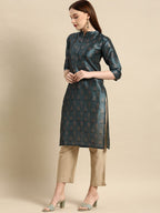 All About You Women Teal Blue Floral Block Print Mandarin Collar Chanderi Silk Blend Kurta | Grocsy