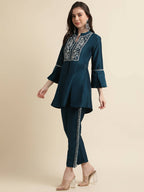 Teal Chinon Floral Embroidered Top with Bottom - Maanushi | Grocsy