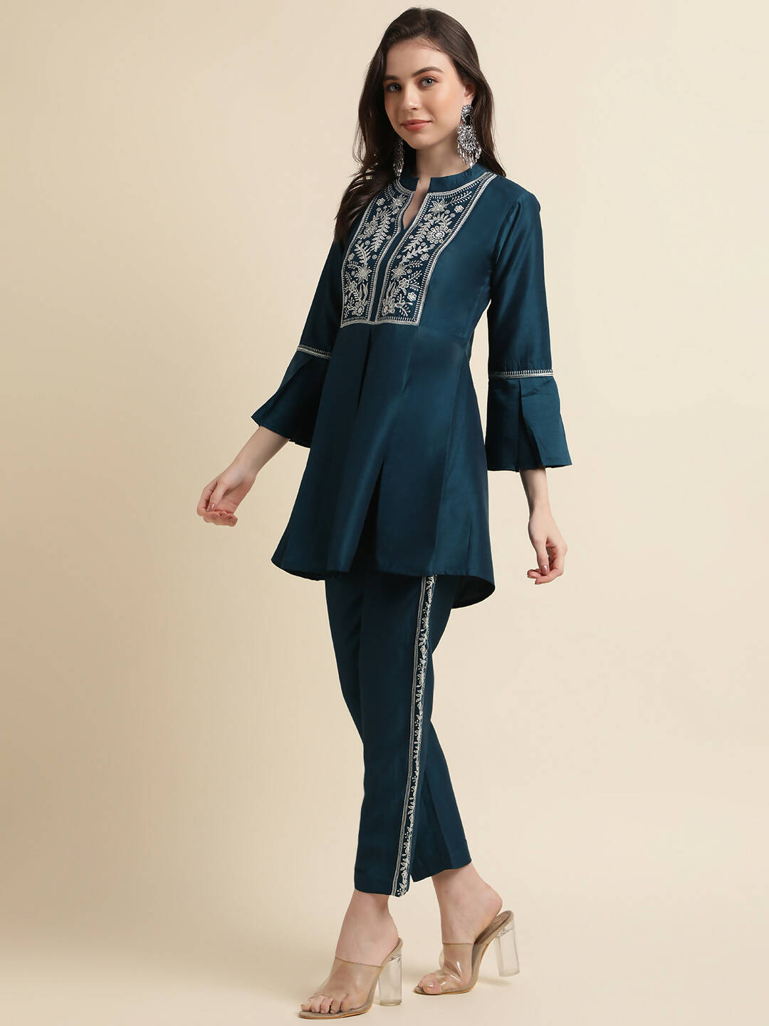 Teal Chinon Floral Embroidered Top with Bottom - Maanushi | Grocsy