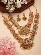 NVR Women's Set of 2 Gold-Polished Green & Pink Stone Studded Peacock & Lakshmi Design Temple Jewellery Set | Grocsy