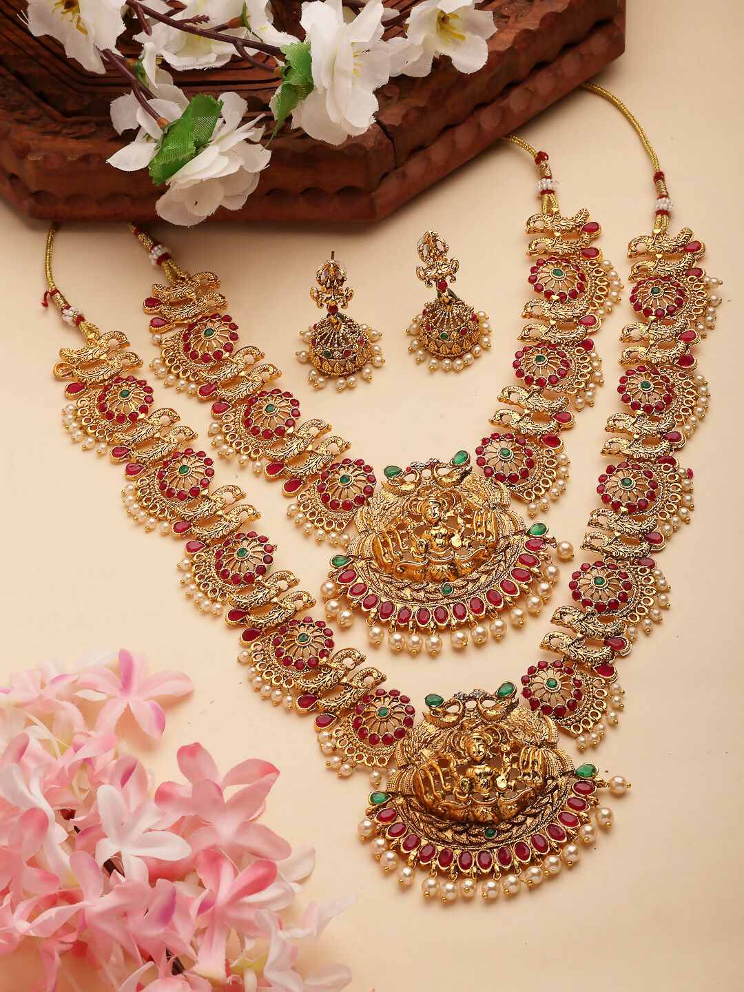 NVR Women's Set of 2 Gold-Polished Green & Pink Stone Studded Peacock & Lakshmi Design Temple Jewellery Set | Grocsy