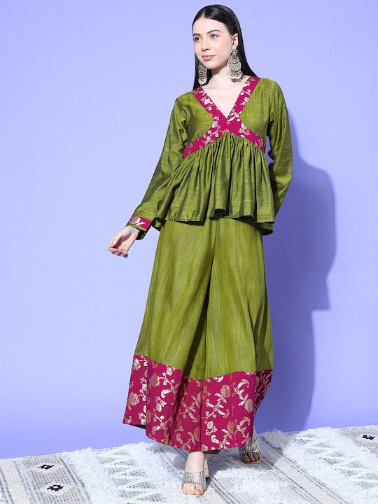 InWeave Women's Olive Wine Brocade Mughal Shaan Kurta Palazzo Set | Grocsy