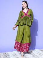 InWeave Women's Olive Wine Brocade Mughal Shaan Kurta Palazzo Set | Grocsy