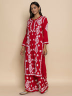 HOUSE OF KARI Floral Embroidered Chikankari Cotton A-Line Kurta | Grocsy
