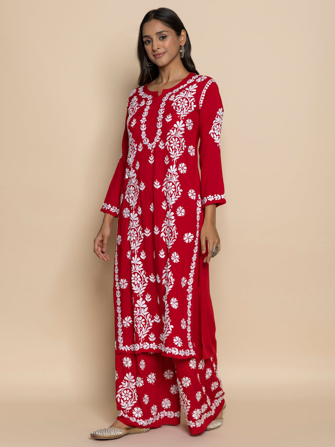 HOUSE OF KARI Floral Embroidered Chikankari Cotton A-Line Kurta | Grocsy