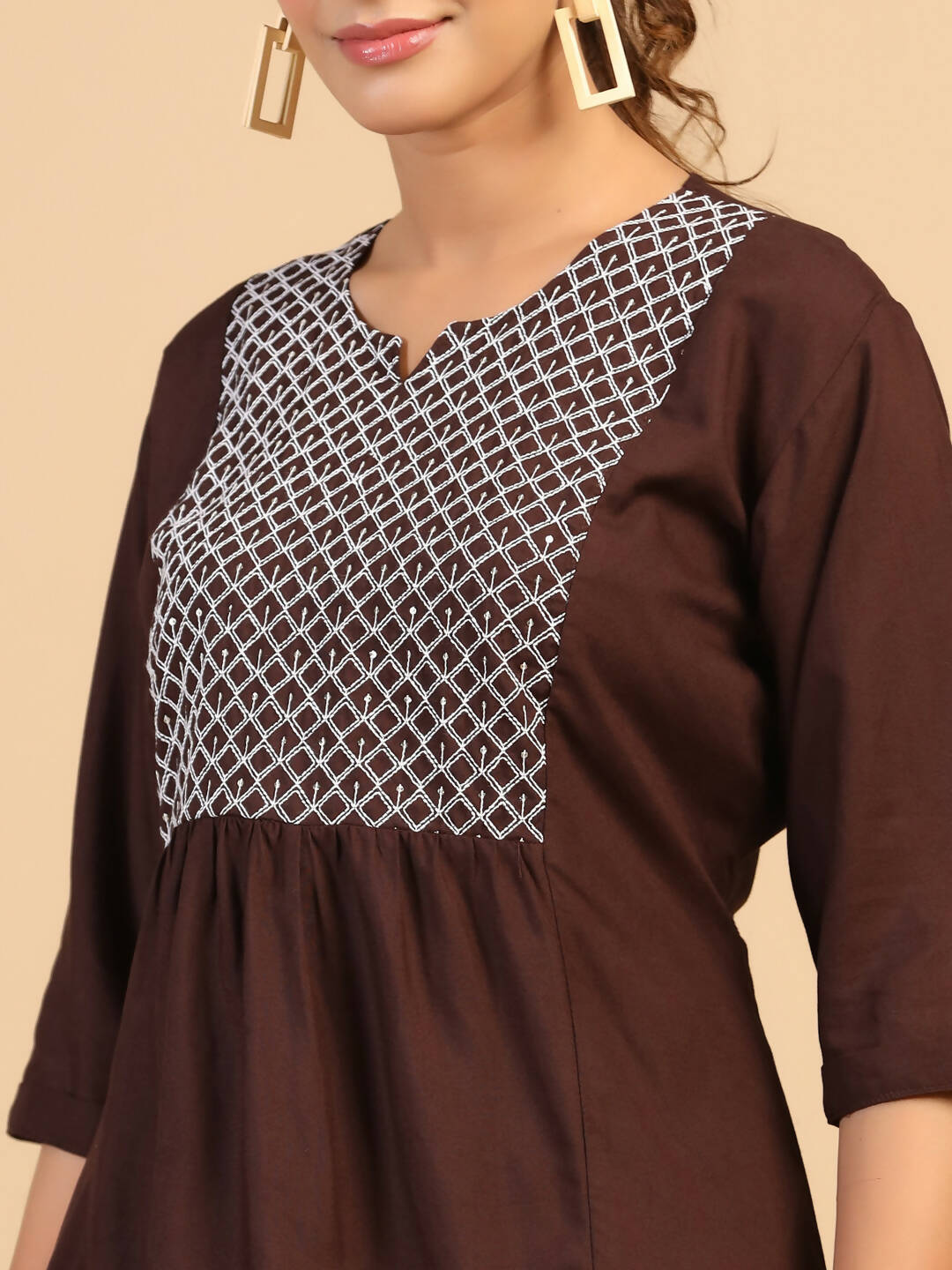 Womens Brown Rayon Yoke Embroidered Top - Keeva | Grocsy