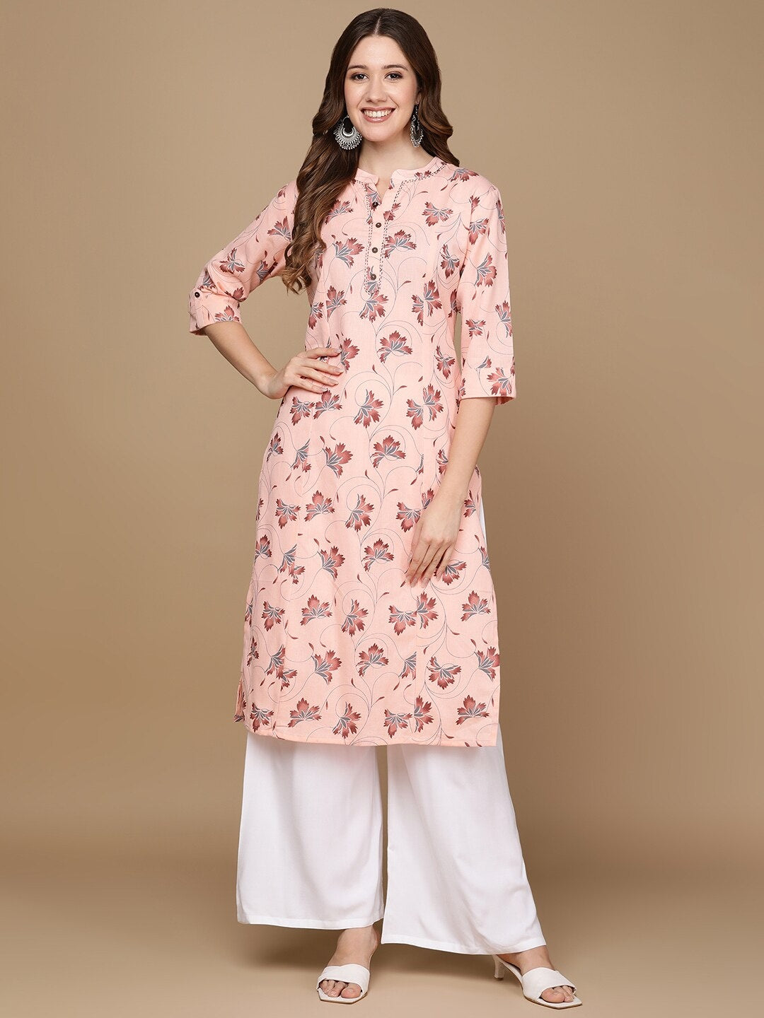 HERE&NOW Pink & Maroon Floral Printed Pure Cotton Kurta | Grocsy