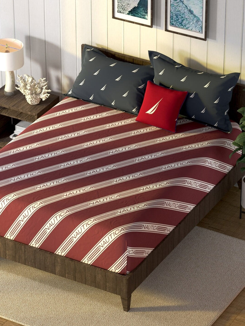 Nautica Noridge Red & White Printed Cotton 160 TC King Bedsheet with 2 Pillow Covers | Grocsy
