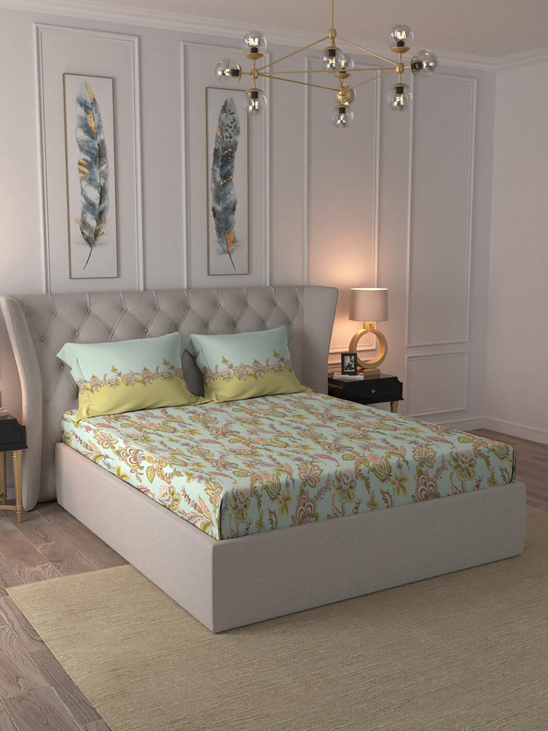 MYTRIDENT Blue White Floral Pure Cotton 144 TC Queen Bedsheet With 2 Pillow Covers | Grocsy