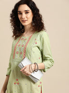 Sangria Women Green Floral Printed Thread Work Floral Kurta | Grocsy