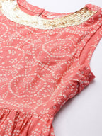 All About You Women Peach Pin & White Bandhani Print Pleated Sequinned Kurti with Palazzos | Grocsy
