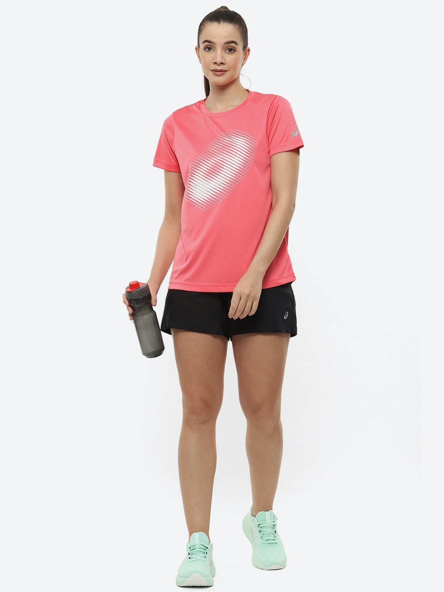 ASICS Women Pink Brand Logo Printed BIG GRAPHIC SS Round Neck Sports Running T-shirt | Grocsy