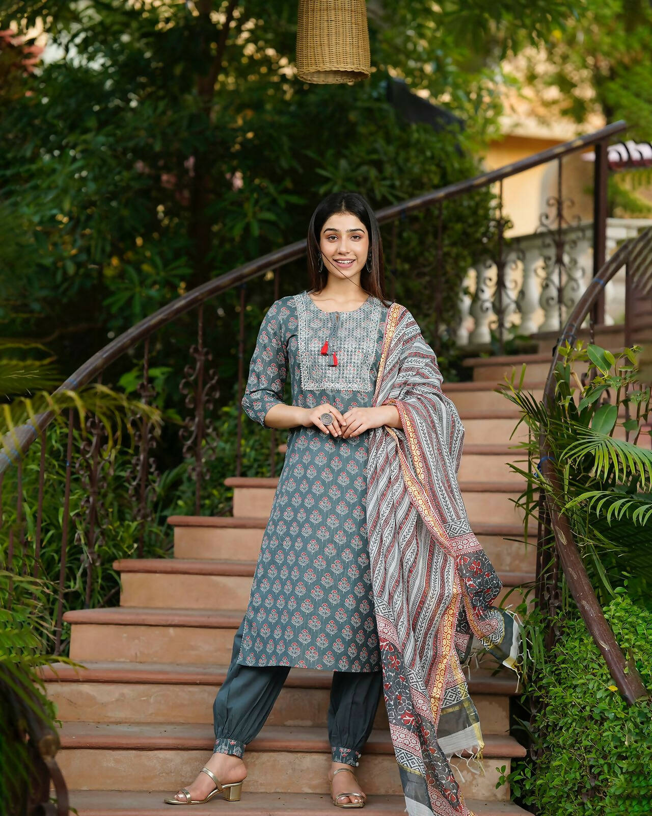 Juniper Women's Grey Cotton Printed Straight Kurta Pant Dupatta Set | Grocsy