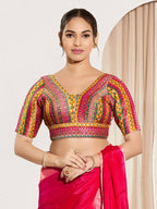 Joban Fashion Pink Multi Brocade Padded Blouse With V Neck Elbow Sleeves | Grocsy