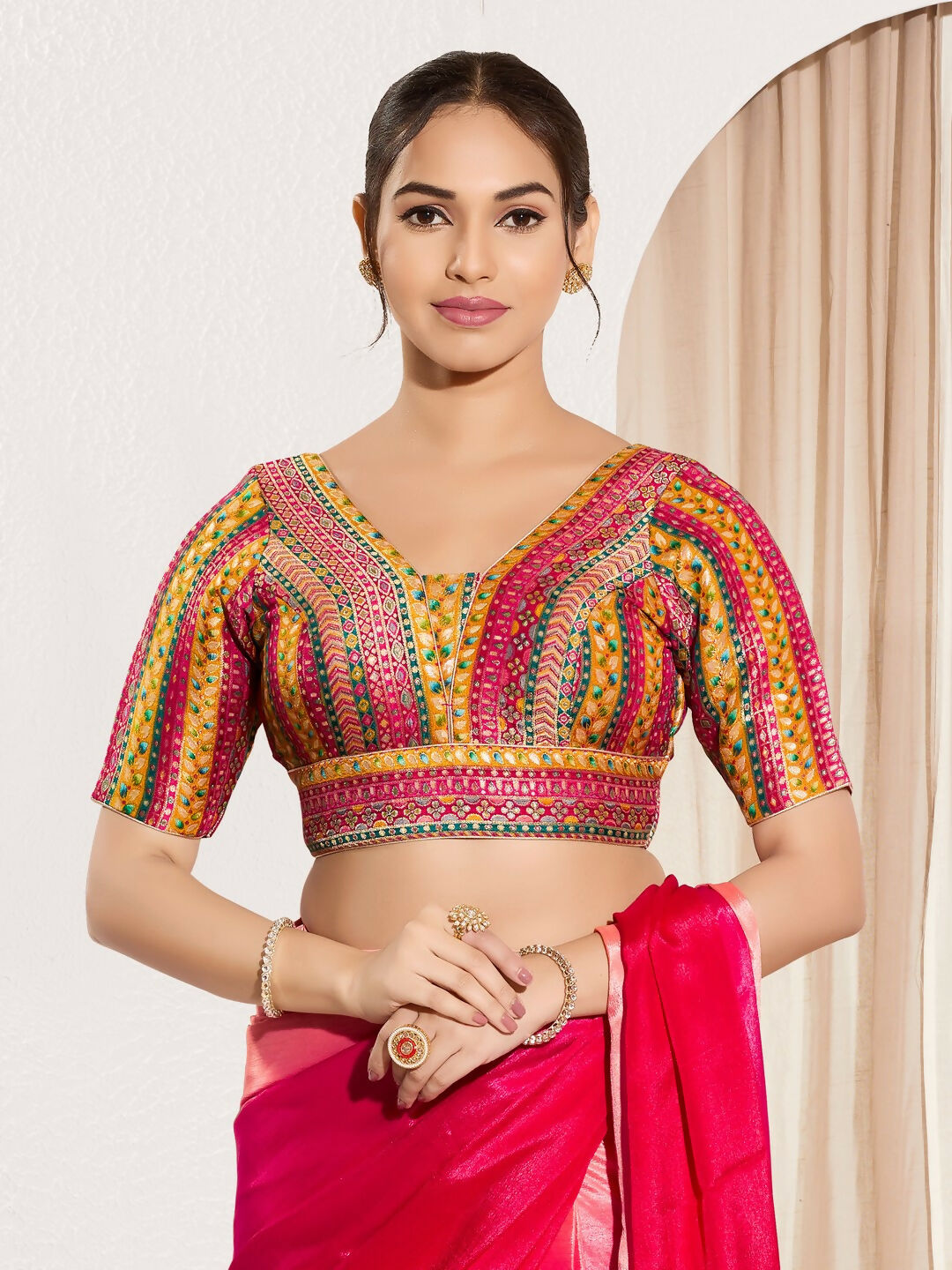 Joban Fashion Pink Multi Brocade Padded Blouse With V Neck Elbow Sleeves | Grocsy