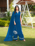 Nikhaar Royal Blue Embroidered Modal Silk Stitched Straight Cut Kurta Culottes Dupatta Readymade Suit | Grocsy