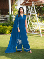 Nikhaar Royal Blue Embroidered Modal Silk Stitched Straight Cut Kurta Culottes Dupatta Readymade Suit | Grocsy
