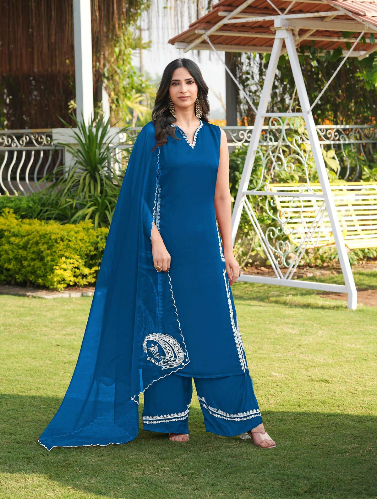 Nikhaar Royal Blue Embroidered Modal Silk Stitched Straight Cut Kurta Culottes Dupatta Readymade Suit | Grocsy