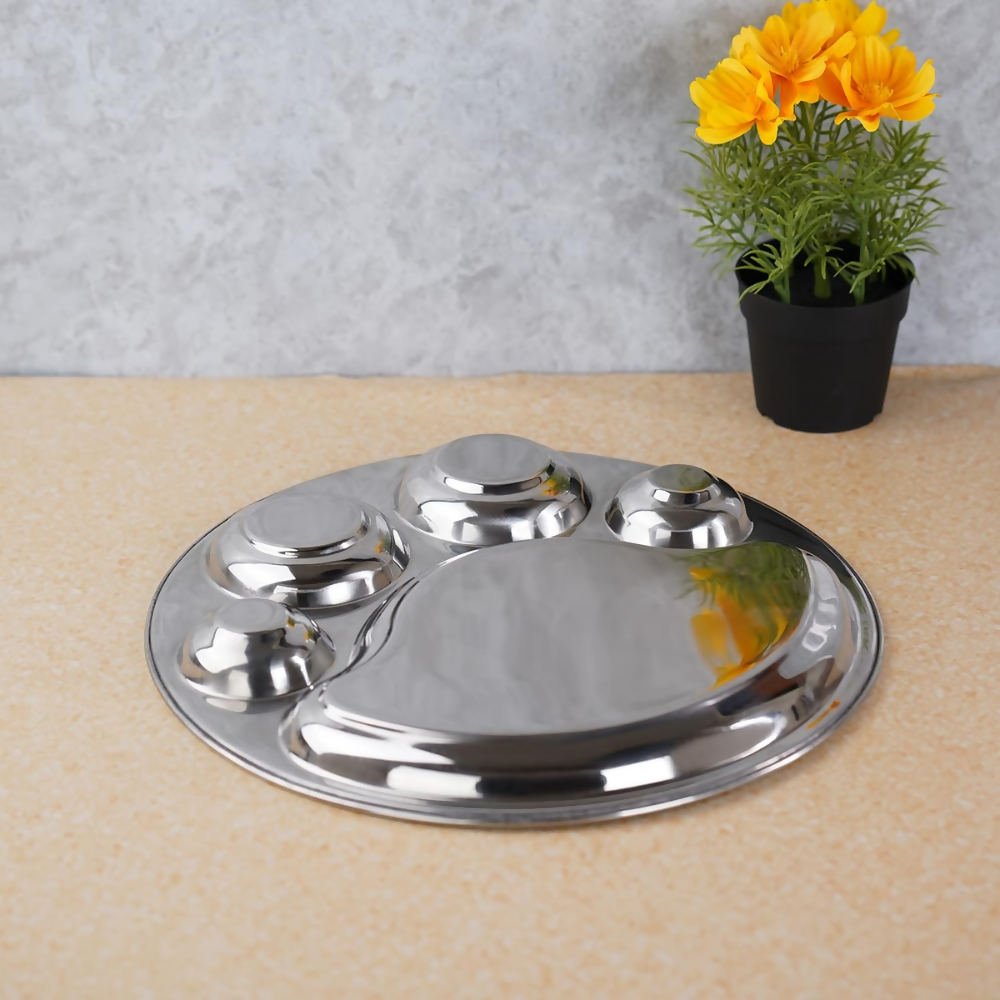 Sumeet Stainless Steel Round 5 in 1 Compartment Lunch/Dinner Plate - Big | Grocsy