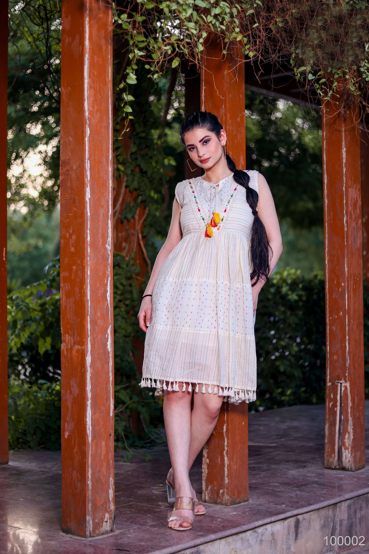 Aayaa Designer Multi Thread Hand Work Khadi Cotton One Piece Dress - Off White | Grocsy