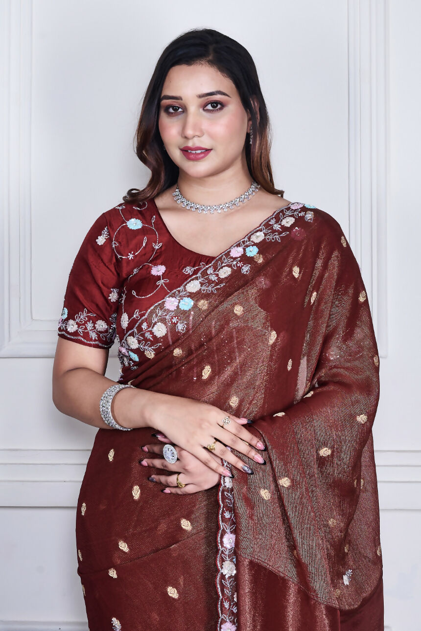 Morchari Brown Pure Chiffon Hand Embroidery Saree And Stitched Blouse | Grocsy
