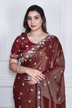 Morchari Brown Pure Chiffon Hand Embroidery Saree And Stitched Blouse | Grocsy