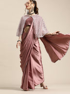 Tikhi Imli Trendy Mauve Sleek Poly Crepe Saree with Embellished Border & Cape | Grocsy