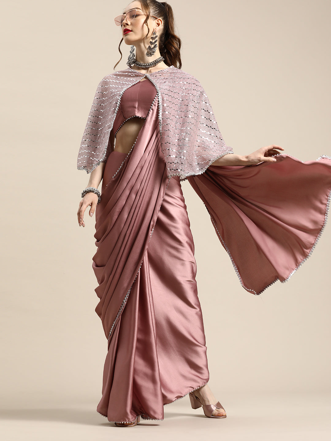 Tikhi Imli Trendy Mauve Sleek Poly Crepe Saree with Embellished Border & Cape | Grocsy