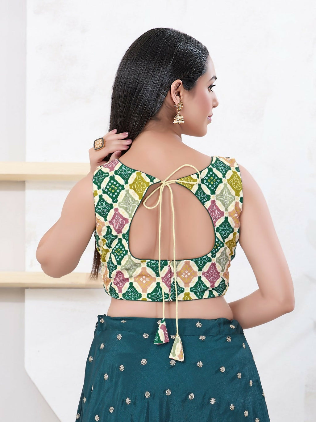 Joban Fashion Green Bandhani Sleeveless Back Open Blouse | Grocsy