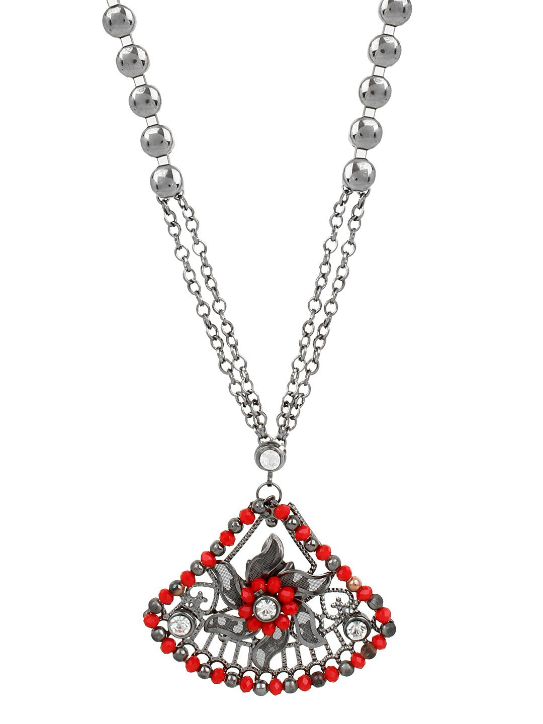 Cardinal Women Oxidised Silver-Plated Red Stone Studded & Beaded Jewellery Set | Grocsy