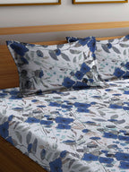 BOMBAY DYEING Blue & White Floral Cotton 144 TC Queen Bedsheet With 2 Pillow Covers | Grocsy