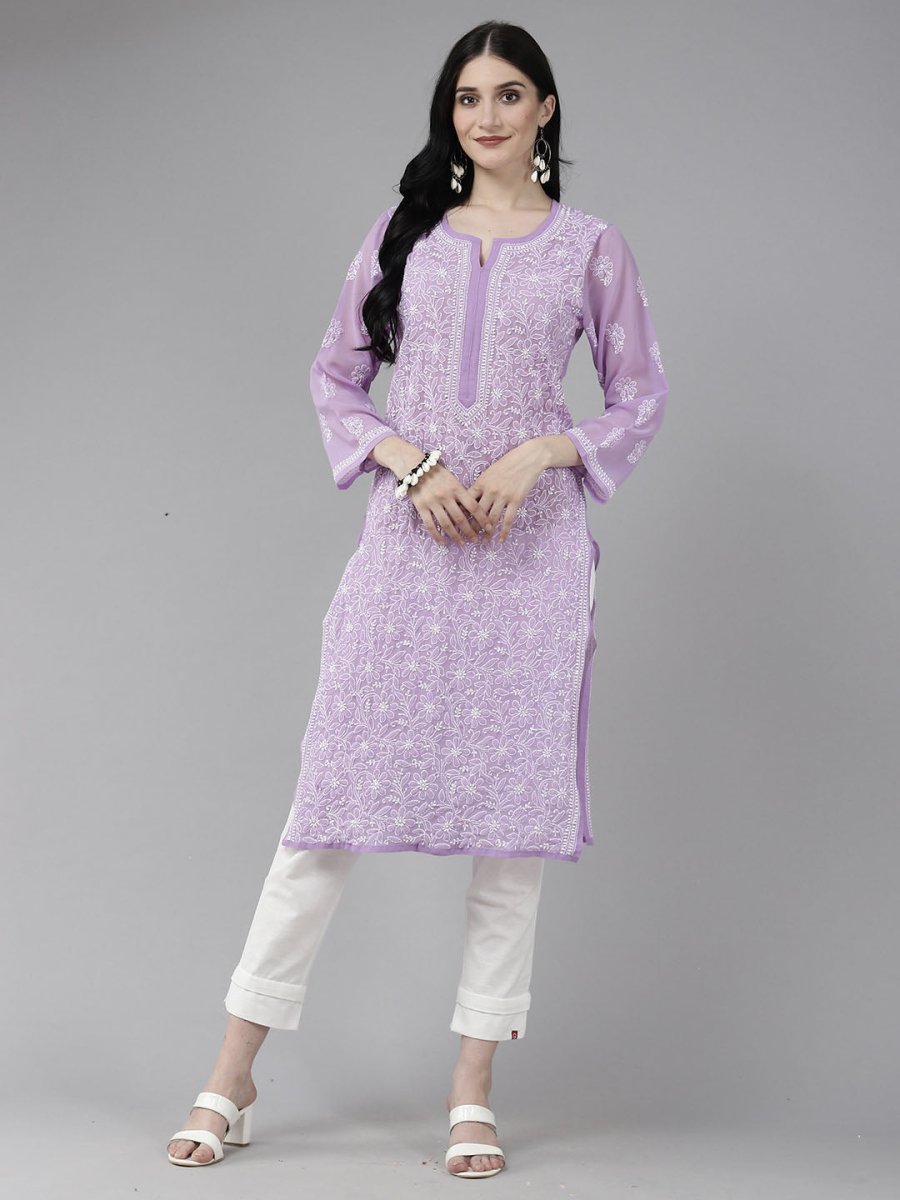 ADA Women Purple & White Ethnic Motifs Embroidered Chikankari Georgette Kurta | Grocsy