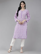 ADA Women Purple & White Ethnic Motifs Embroidered Chikankari Georgette Kurta | Grocsy